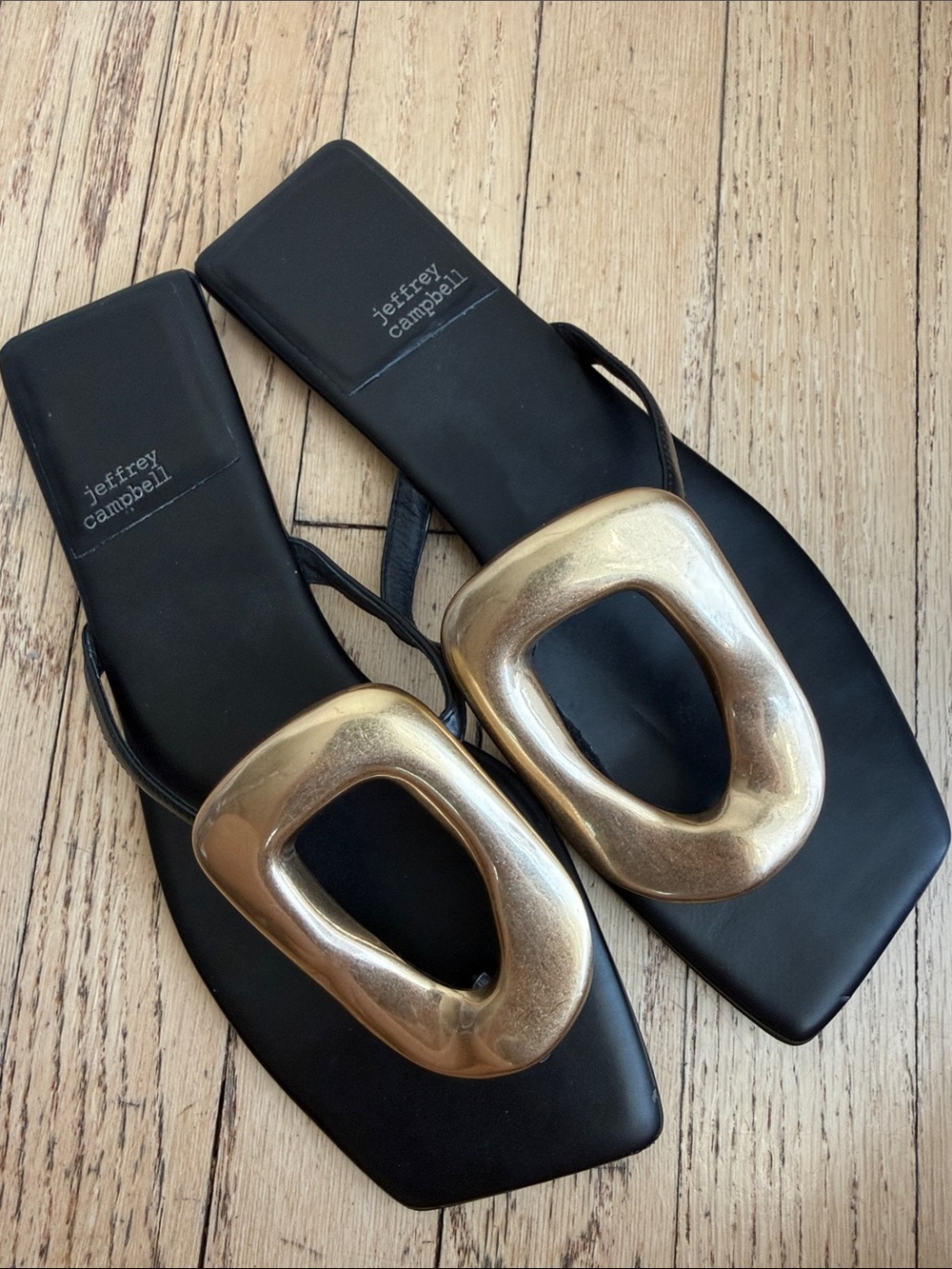 Jeffrey Campbell Black Slide Mules with Gold Oval Accent